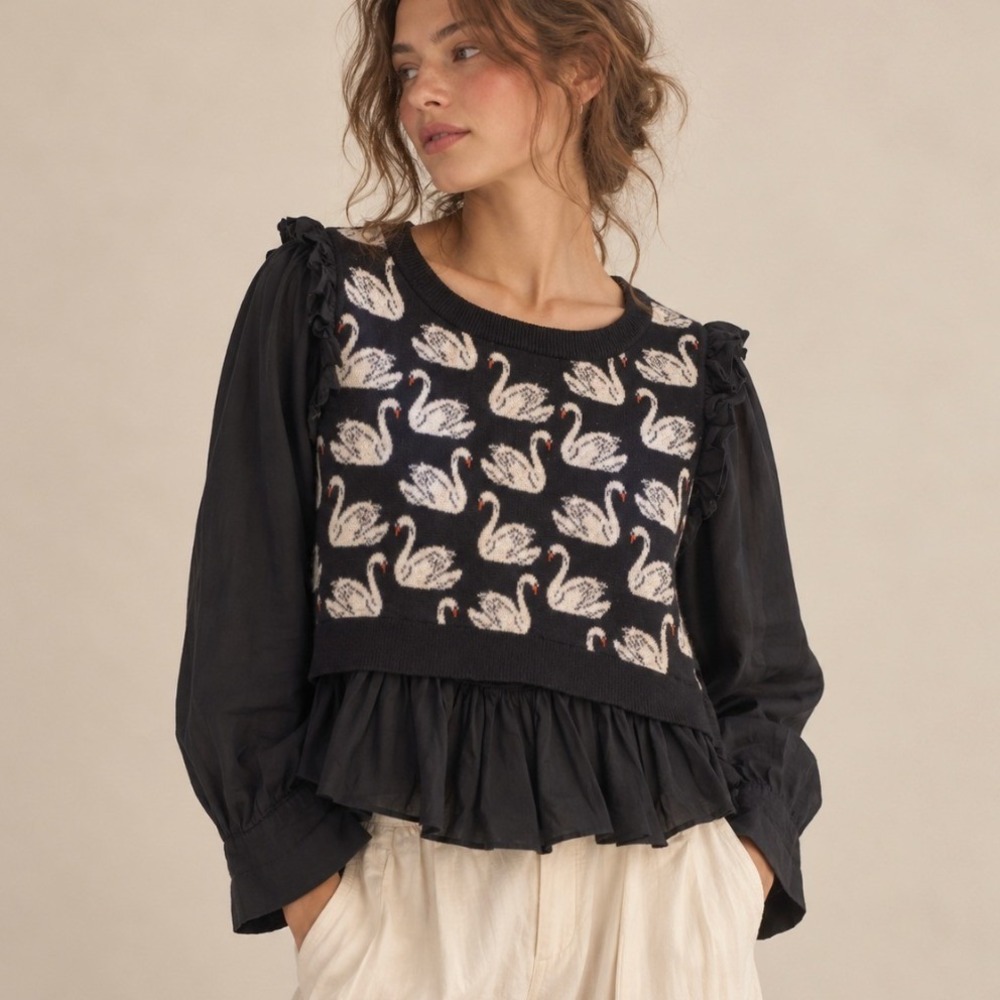 Maeve Anthropologie Swan Knit Peplum Top MP Black Ruffle Academia Cottage Preppy